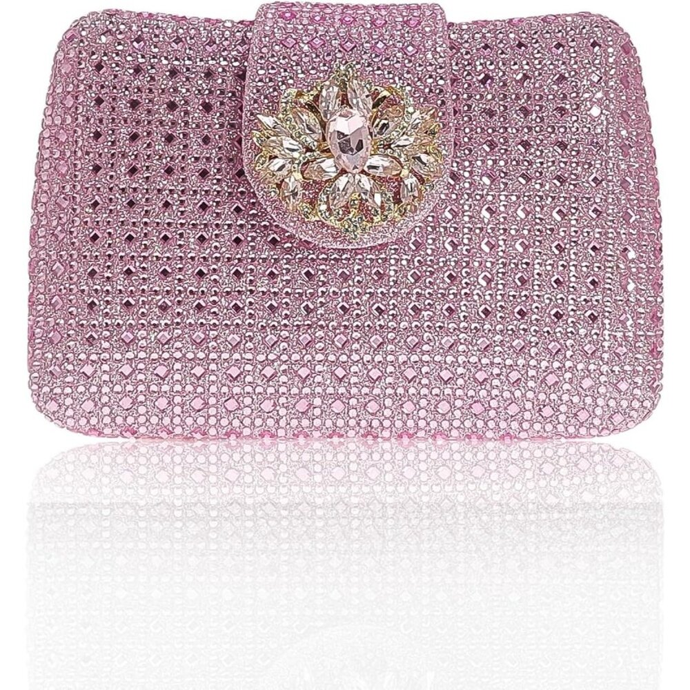 Women's Pink Sparkly Rhinestone Unique Evening Floral Clutch Shoulder Handbag